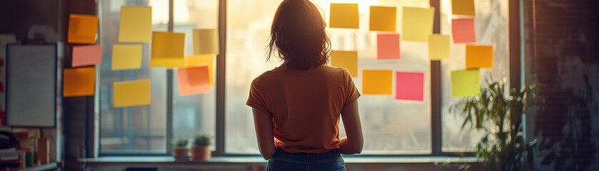 A woman stands in front of a large window covered with colorful sticky notes, contemplating ideas. Silhouettes and urban views add a creative ambiance.