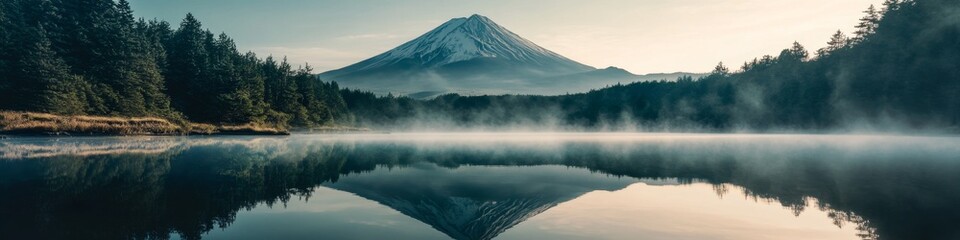 Fototapeta premium Serene Anime-Style Winter Landscape: Majestic Mount Fuji Reflected in Tranquil Lake. AI-Generated Masterpiece of Nature for Cultural Illustrations and Creative Marketing. Enchanting 4K Wallpaper Blend