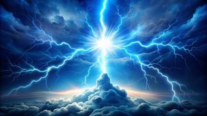 Illustrative vector representation of a powerful lightning bolt striking the ground, surrounded by swirling electrically charged clouds and vibrant blue and white hues.