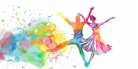 Obraz premium Two dancers create a dynamic display of movement surrounded by a colorful splash of paint