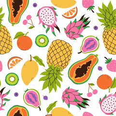 Seamless pattern with tropical fruits on a white background. Vector graphics.
