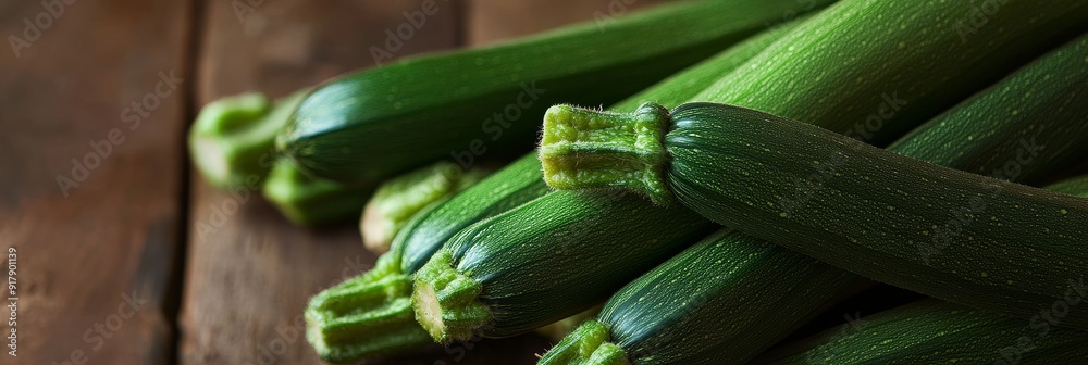 Canvas Prints Fresh Green Zucchini on Wooden Background - Close-up shot of fresh green zucchini on a rustic wooden background. The zucchini is arranged in a pile, with the ends of the zucchini visible. This image s