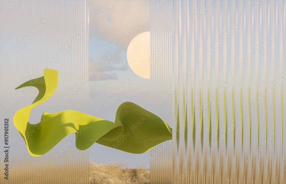 Poster natural podium backdrop for product display with flying cloth in autumn halloween concept. 3d render