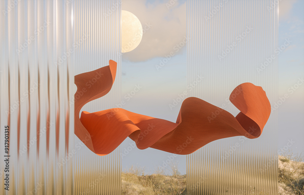 Poster natural podium backdrop for product display with flying cloth in autumn halloween concept. 3d render