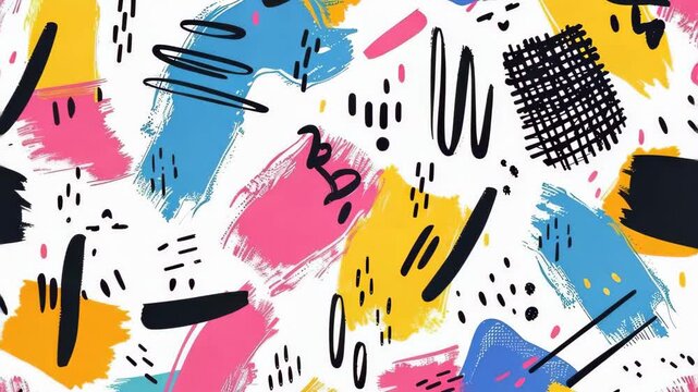 Seamless pattern colorful doodle brush strokes on white background.