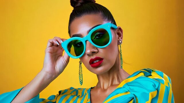 woman wearing blue and yellow shades poses on a yellow background, in the style of neo-pop sensibility, aquamarine