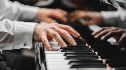 Obraz premium Close-up of hands playing piano keys.