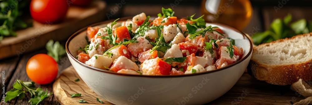 Poster Fresh Tomato and Mozzarella Salad with Parsley - A bowl of fresh tomato and mozzarella salad with parsley, perfect for a light lunch or side dish. This salad is simple to make, healthy and delicious.