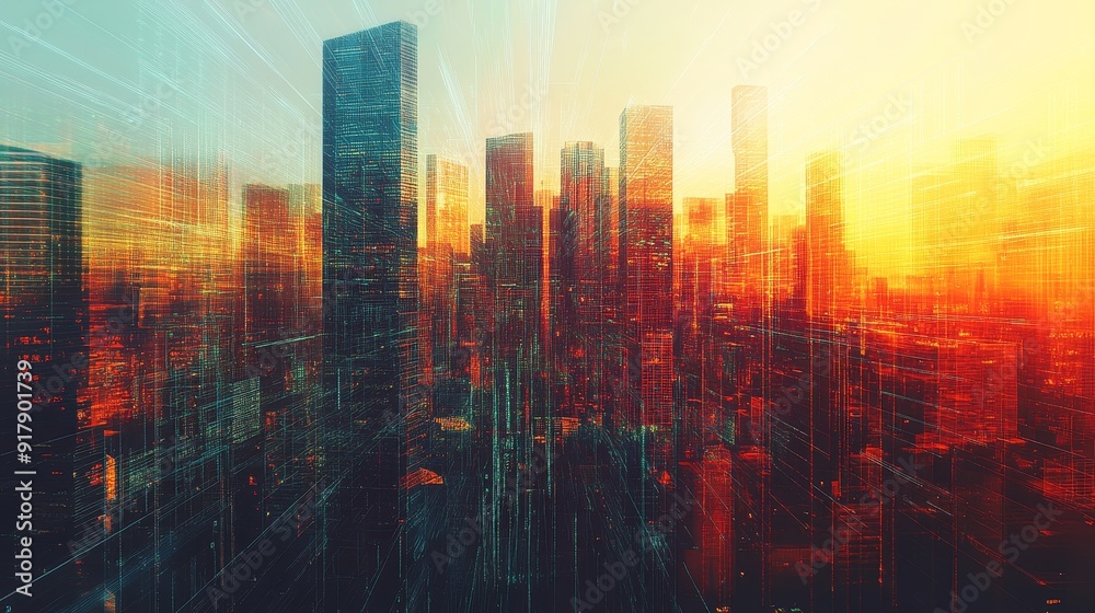 Sticker Futuristic Cityscape at Sunset with Glowing Lines - A vibrant cityscape at sunset with glowing lines symbolizing progress, technology, connectivity, urban development, and a bright future.