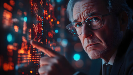 A serious businessman analyzes data on a digital screen, demonstrating concepts of technology and analytics in a modern workspace.