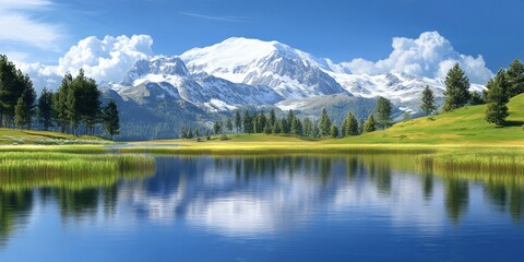 Enchanting Anime-Style Winter Wonderland: Majestic Snowy Mountains Reflected in Serene Lake. AI-Generated Masterpiece for Cultural Illustrations and Creative Marketing. Festive 4K Wallpaper Blending C