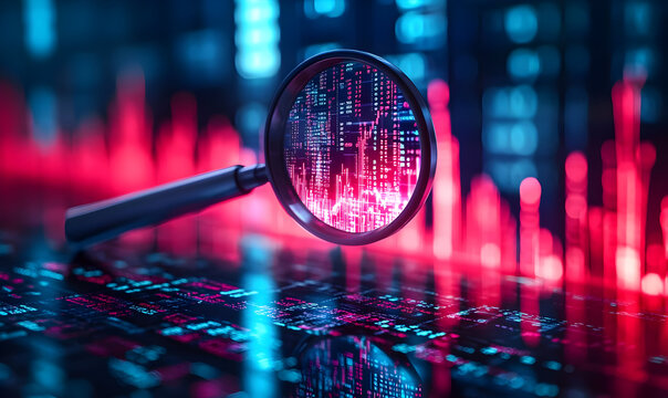 A magnifying glass focuses on financial data, depicting analysis in a digital environment with vibrant colors and patterns. - Powered by Adobe