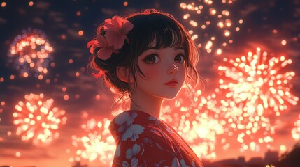 Young Anime Girl Enchanted by Nighttime Firework Display