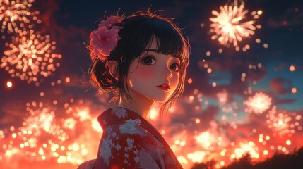 Young Anime Girl Enchanted by Nighttime Firework Display