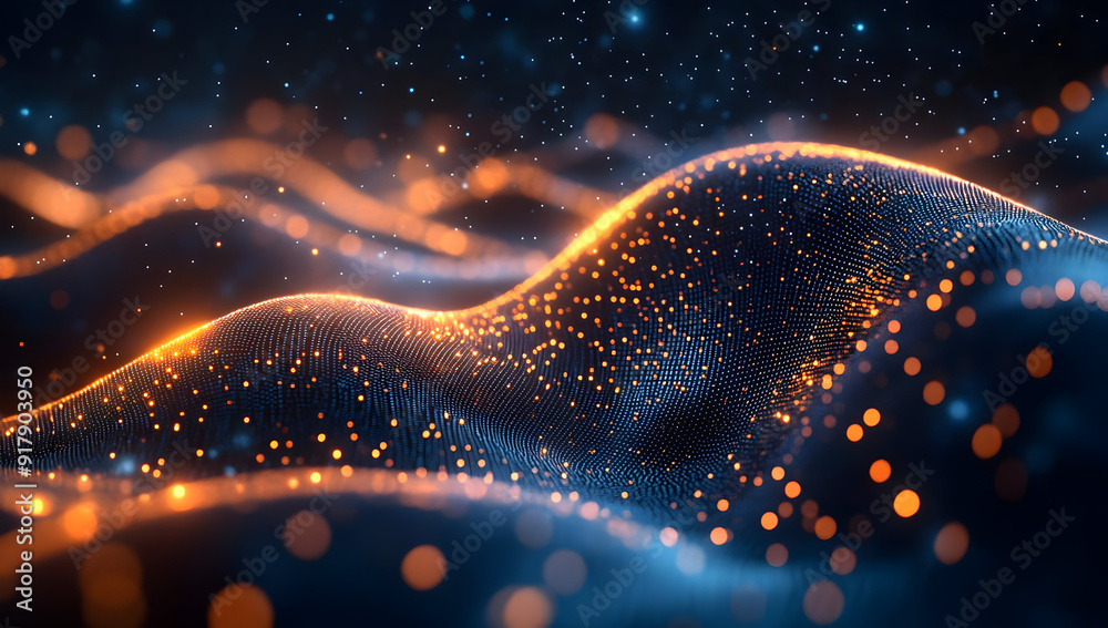 Poster a mesmerizing wave of vibrant colors and glowing particles, creating a dynamic and captivating digit
