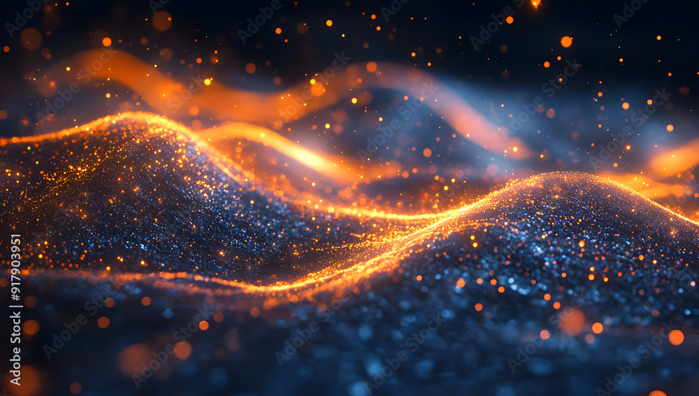 Poster vibrant abstract waves with glowing particles creating a mesmerizing visual experience in dark tones