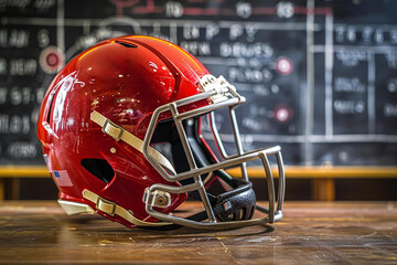 Fototapeta premium sport helmet positioned in front of a chalkboard filled with football play strategies.