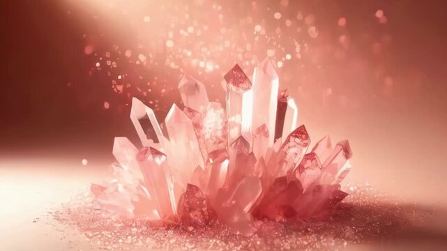 A cluster of rose quartz crystals radiating with soft pink hues, set against a matching pastel background. The crystals are illuminated with gentle light, highlighting their natural beauty and creatin
