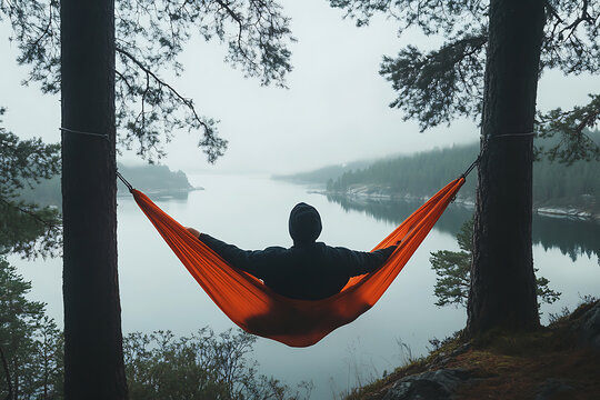 Back view of man silhouette relaxing on orange hammock between two trees pine enjoying the view at the lake in summer norwegian cloudy morning.