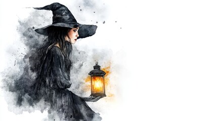 Enigmatic Witch Holding Lantern Watercolor Illustration