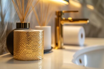 Luxurious bathroom with golden toilet paper roll, modern hygiene tissue in wc closet