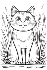 Obraz premium A cartoon drawing of a Felidae, a vertebrate mammal and carnivorous organism, sitting in the grass. The cats gesture is captured in this art piece, showcasing small to mediumsized cats