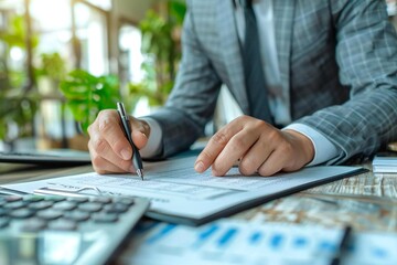 Fototapeta premium Close-up of businessman reviewing and checking expenses at his desk in the office.