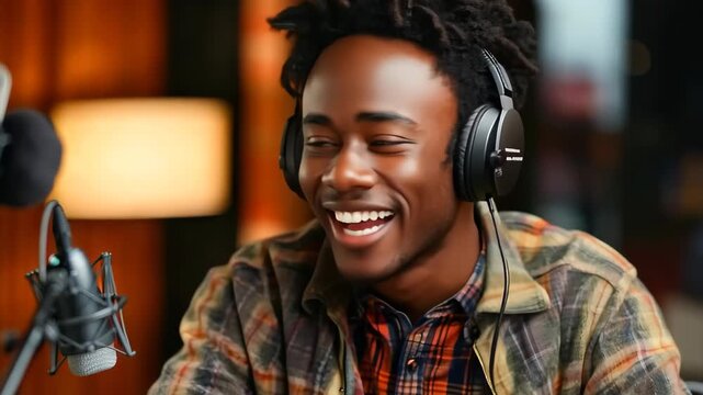 Man with headphones smiling and speaking into a microphone for a podcast.