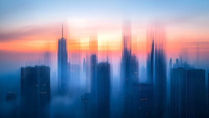 Fototapeta premium A dreamy city skyline at sunset, showcasing blurred skyscrapers against a vibrant sky filled with soft colors.