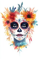 Vibrant Watercolor Painting of Skull with Colorful Flowers. Dia de los Muertos