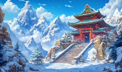 Serene Anime-Style Japanese Winter Landscape: Snow-Capped Mountains and Traditional Architecture. AI-Generated Masterpiece for Cultural Illustrations and Creative Marketing. Festive 4K Wallpaper Blend