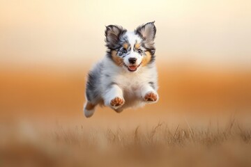 Fototapeta premium An enthusiastic puppy leaps happily towards its owner in a sunny meadow