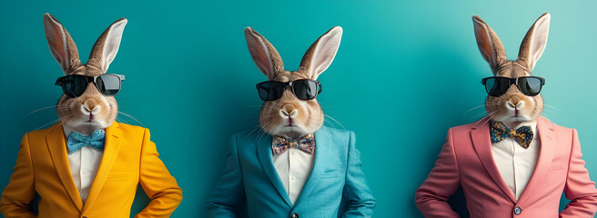 Three stylish rabbits in suits and sunglasses pose against a vibrant background, exuding fun and fashionable charm.