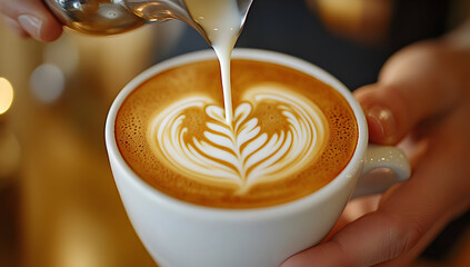 A close-up view of a latte art creation in a coffee cup, showcasing beautiful designs made with steamed milk and espresso.