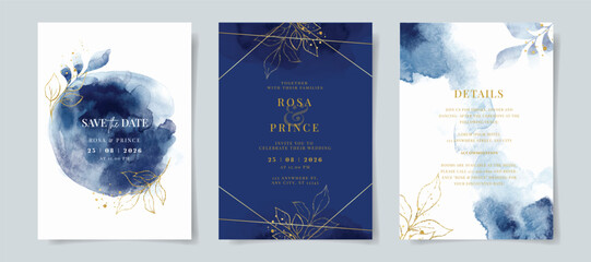 Watercolor navy wedding invitation card template with gold and leaves decoration