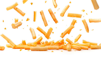 Fototapeta premium Many tasty corn sticks falling on white background