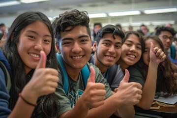 group portrait of diverse college students giving thumbs up sign together in a classroom setting.