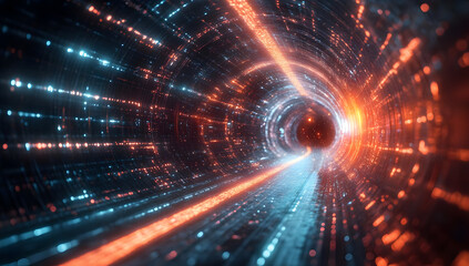 Obraz premium A mesmerizing view inside a futuristic tunnel filled with vibrant lights and dynamic energy, evoking a sense of speed and motion.