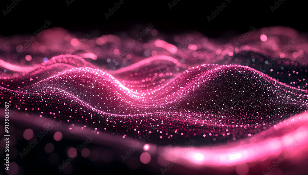 Poster abstract pink wave pattern with shimmering particles on a dark background, creating a mesmerizing vi