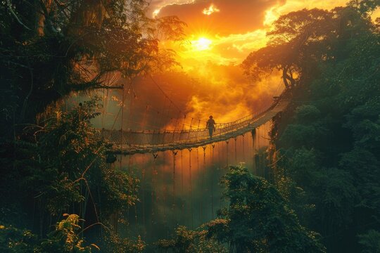 Fototapeta Adventurer is crossing a chasm on a rope bridge in a deep jungle