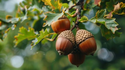 Vibrant Oak Acorns Cluster on Tree Branch