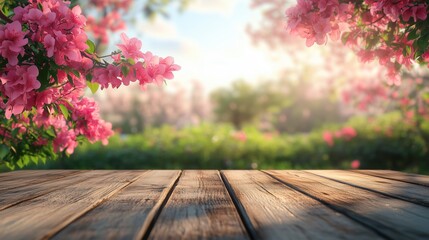 A rustic wooden platform framed by vibrant pink blossoms under a soft morning light. Perfect for springtime themes and nature-inspired designs.