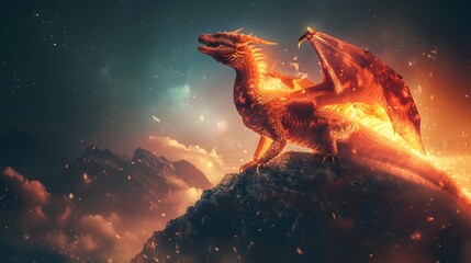 Obraz premium Mighty Dragon Roaring Atop a Rugged Mountain Range Under a Fiery Sky
