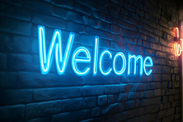 Bright neon sign saying 'Welcome' against a textured brick wall, ideal for inviting ambiance in cafes or homes.