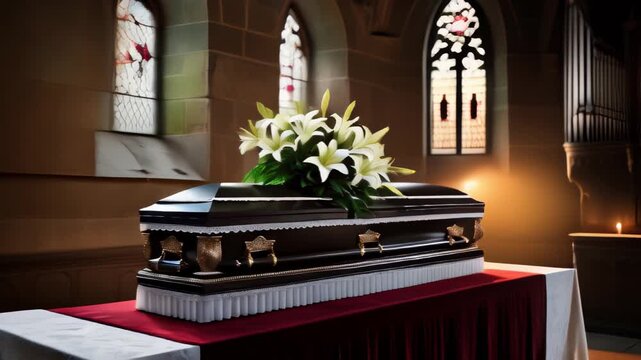 A solemn funeral service featuring a coffin adorned with lilies in a historic church setting