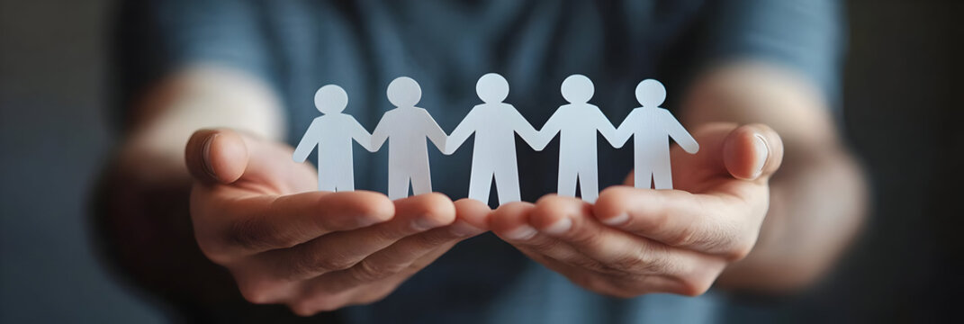 Hands holding paper figures, symbolizing unity, teamwork, and collaboration in a supportive community.