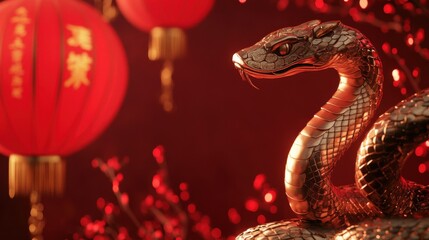 Obraz premium golden snake on red chinese background, Celebration of the Chinese New Year, 2025 year of the Snake