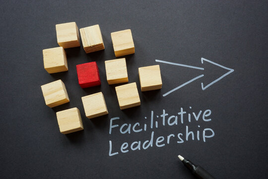 Blocks with one as the leader next to the label facilitative leadership. Team facilitation concept.