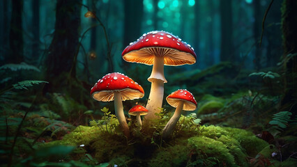 Fototapeta premium Magical forest with glowing mushroom Landscape. Natural scenery.