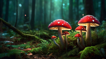 Magical forest  with glowing mushroom Landscape. Natural scenery.
